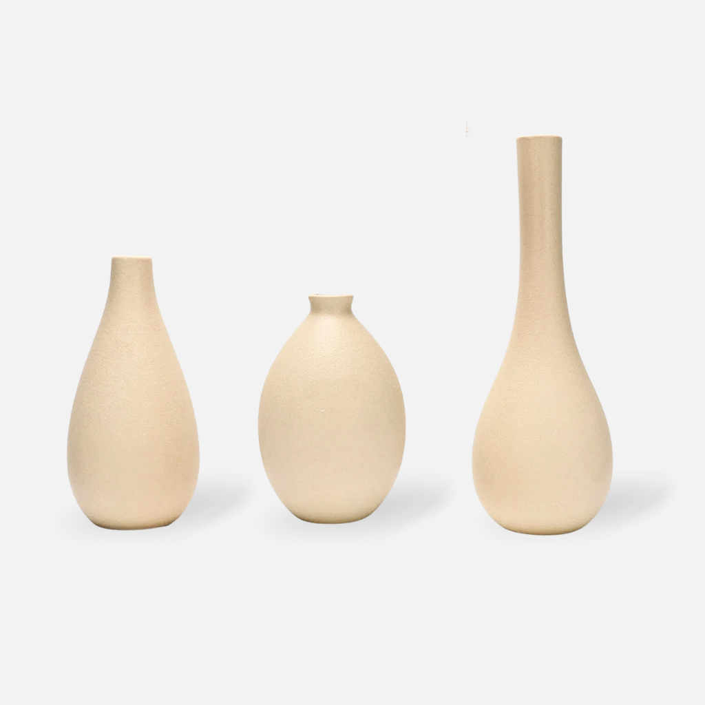 Kaya ceramic and porcelain vase set of three with teardrop, bulb, and long-neck bottle shapes